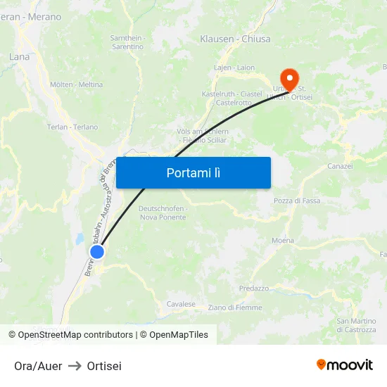Ora/Auer to Ortisei map
