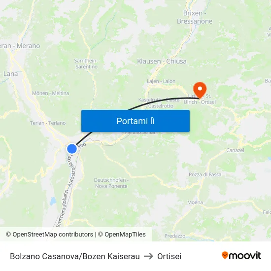 Bolzano Casanova/Bozen Kaiserau to Ortisei map