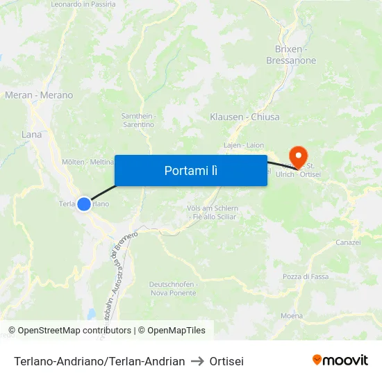 Terlano-Andriano/Terlan-Andrian to Ortisei map