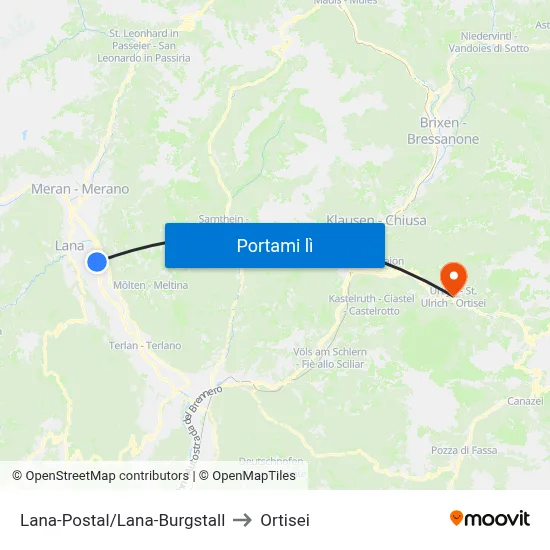 Lana-Postal/Lana-Burgstall to Ortisei map