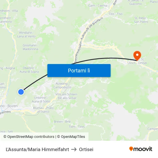 L'Assunta/Maria Himmelfahrt to Ortisei map