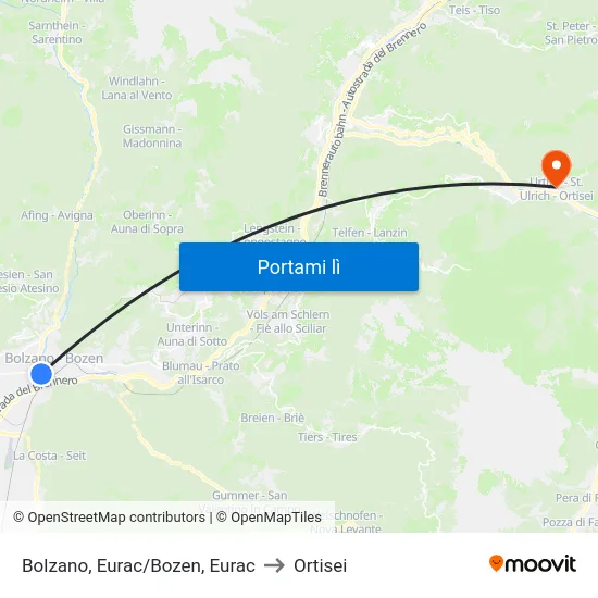 Bolzano, Eurac/Bozen, Eurac to Ortisei map