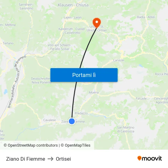 Ziano Di Fiemme to Ortisei map