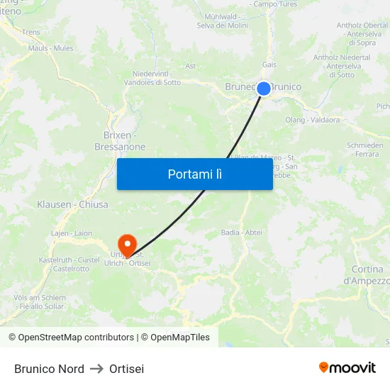 Brunico Nord to Ortisei map