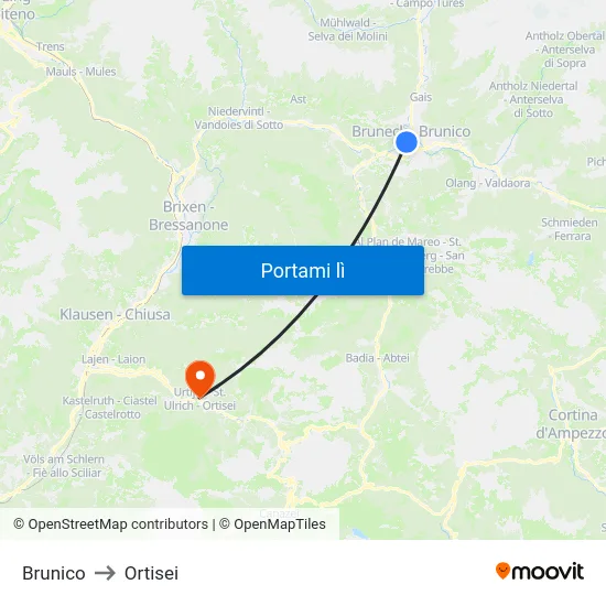 Brunico to Ortisei map