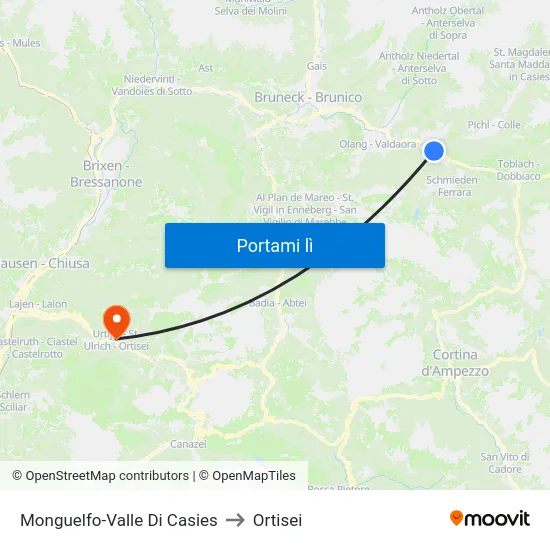 Monguelfo-Valle Di Casies to Ortisei map