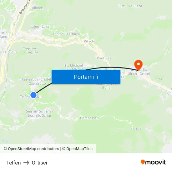 Telfen to Ortisei map