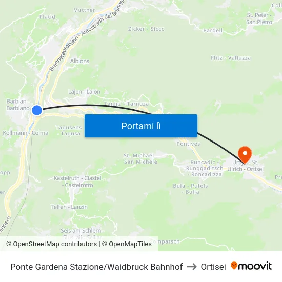 Ponte Gardena Stazione/Waidbruck Bahnhof to Ortisei map