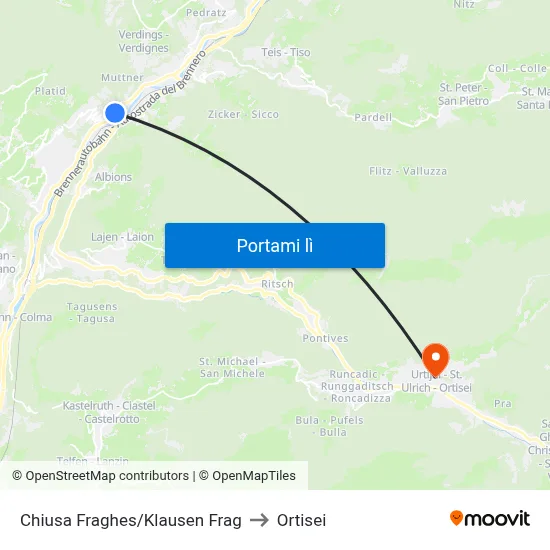 Chiusa Fraghes/Klausen Frag to Ortisei map