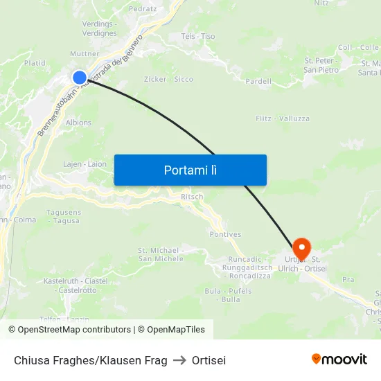 Chiusa Fraghes/Klausen Frag to Ortisei map