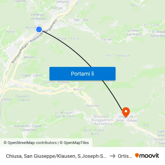 Chiusa, San Giuseppe/Klausen, S.Joseph-Str. to Ortisei map