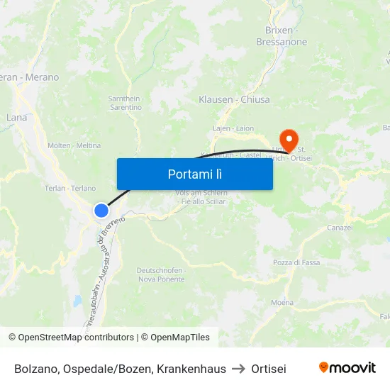 Bolzano, Ospedale/Bozen, Krankenhaus to Ortisei map