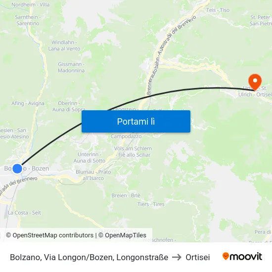Bolzano, Via Longon/Bozen, Longonstraße to Ortisei map