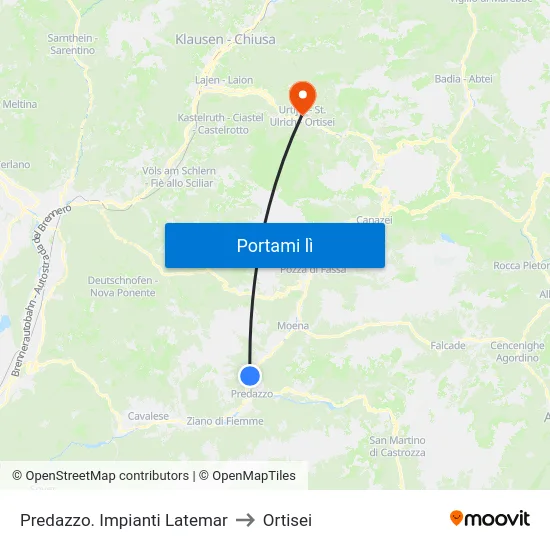 Predazzo. Impianti Latemar to Ortisei map