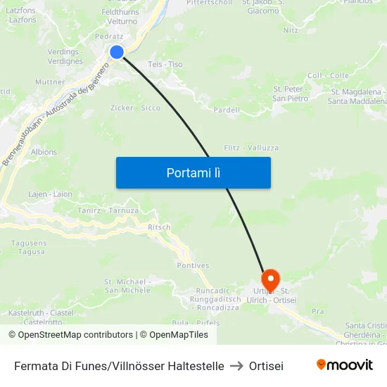 Fermata Di Funes/Villnösser Haltestelle to Ortisei map