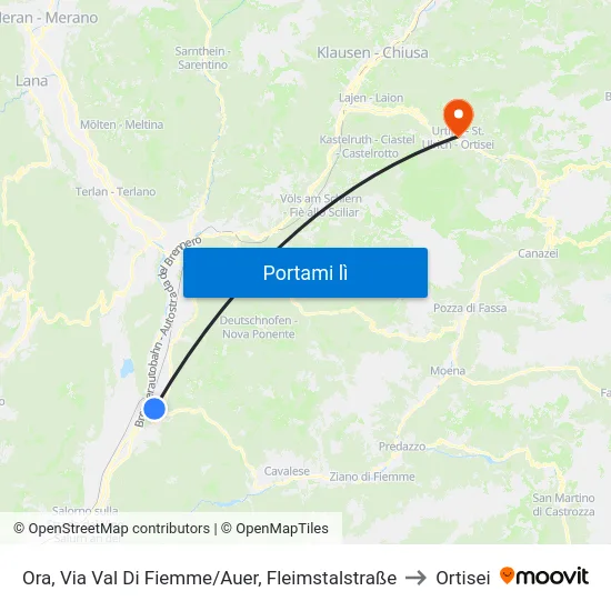 Ora, Via Val Di Fiemme/Auer, Fleimstalstraße to Ortisei map