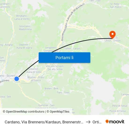 Cardano, Via Brennero/Kardaun, Brennerstraße to Ortisei map