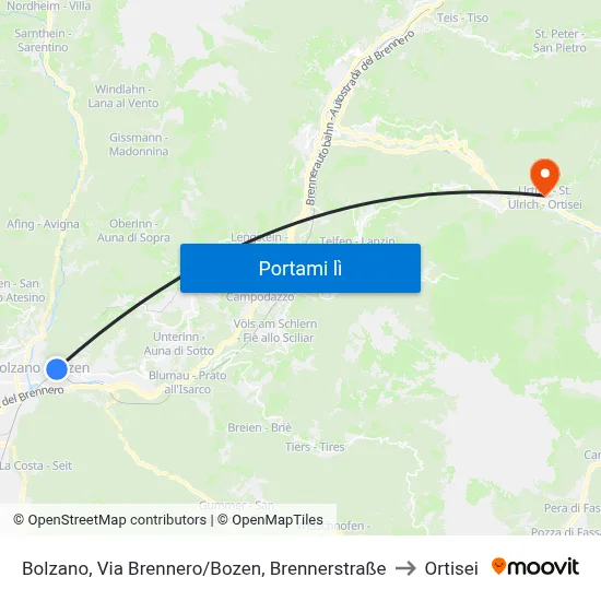 Bolzano, Via Brennero/Bozen, Brennerstraße to Ortisei map