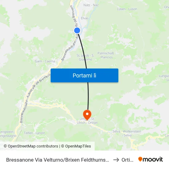 Bressanone Via Velturno/Brixen Feldthurnserstr. to Ortisei map