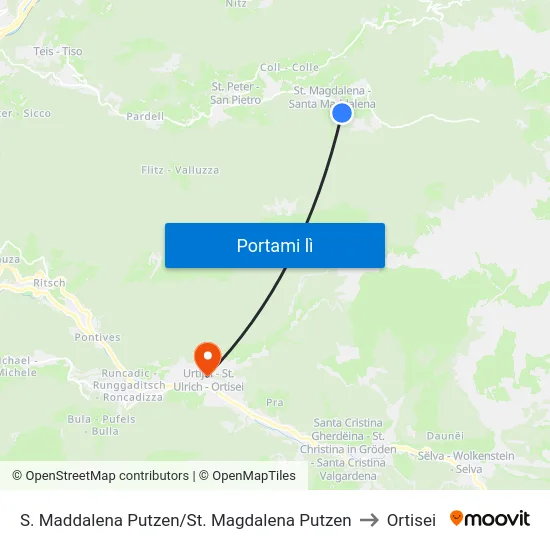 S. Maddalena, Putzen/St. Magdalena,Putzen to Ortisei map