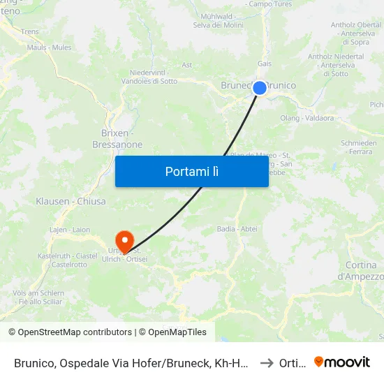 Brunico, Ospedale Via Hofer/Bruneck, Kh-Hoferstraße to Ortisei map