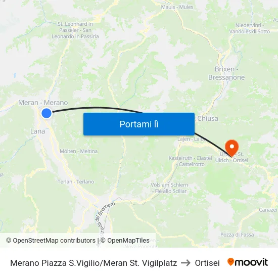 Merano Piazza S.Vigilio/Meran St. Vigilplatz to Ortisei map