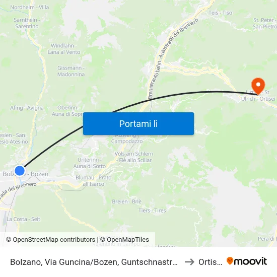 Bolzano, Via Guncina/Bozen, Guntschnastraße to Ortisei map