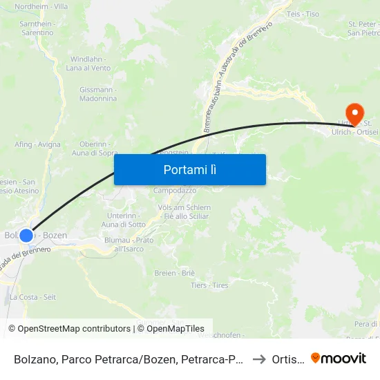 Bolzano, Parco Petrarca/Bozen, Petrarca-Park to Ortisei map