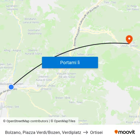 Bolzano, Piazza Verdi/Bozen, Verdiplatz to Ortisei map