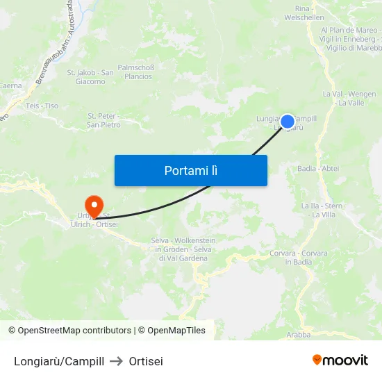 Longiarù/Campill to Ortisei map