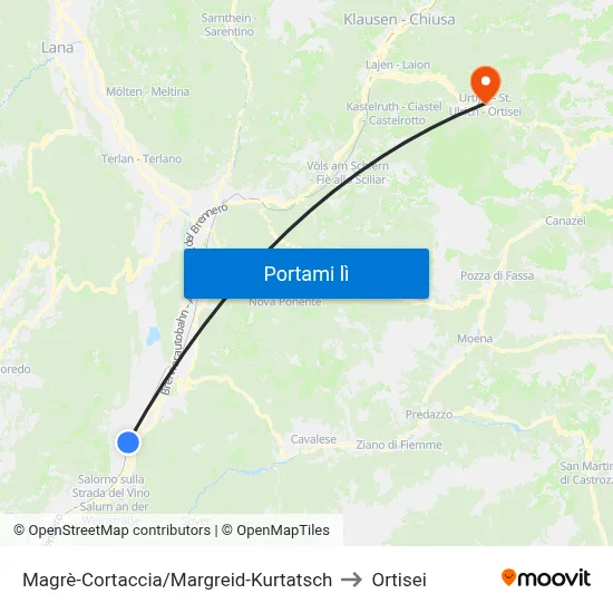 Magrè-Cortaccia/Margreid-Kurtatsch to Ortisei map
