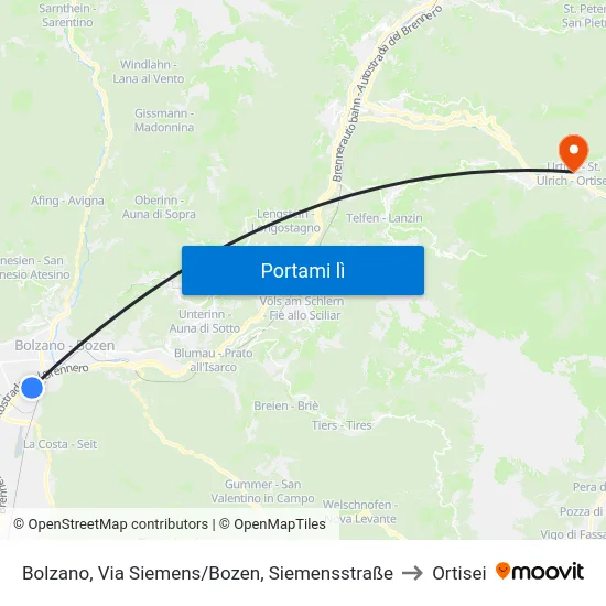 Bolzano, Via Siemens/Bozen, Siemensstraße to Ortisei map