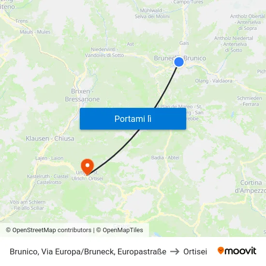 Brunico, Via Europa/Bruneck, Europastraße to Ortisei map