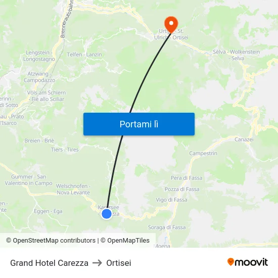 Grand Hotel Carezza to Ortisei map