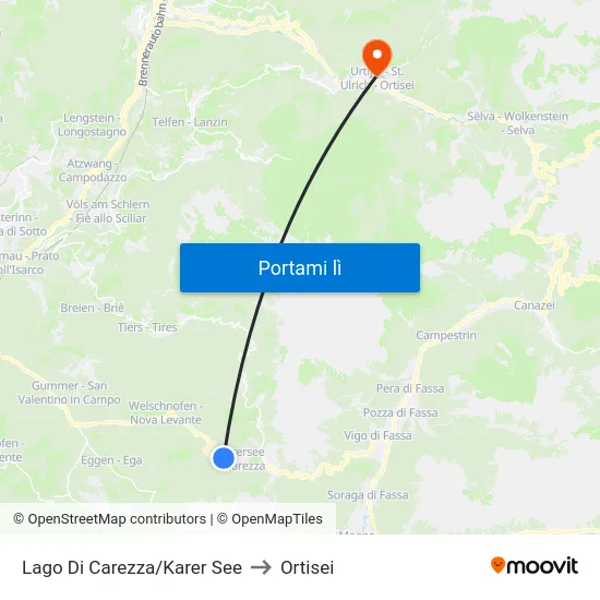 Lago Di Carezza/Karer See to Ortisei map