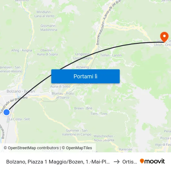 Bolzano, Piazza 1 Maggio/Bozen, 1.-Mai-Platz to Ortisei map