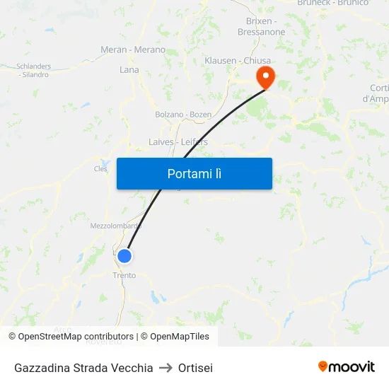 Gazzadina Strada Vecchia to Ortisei map