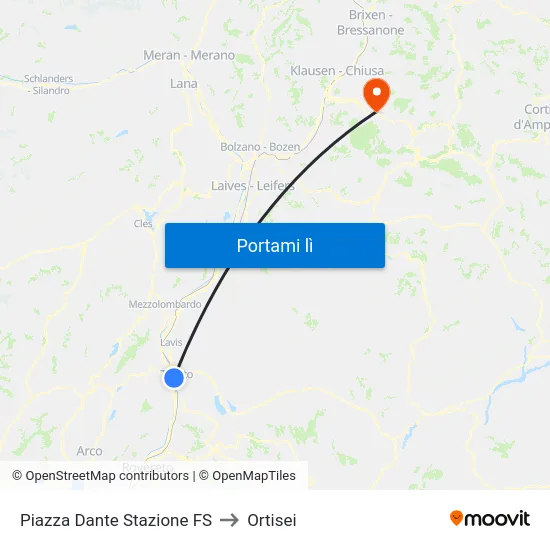 Piazza Dante Stazione FS to Ortisei map