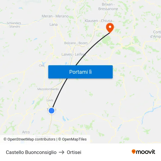 Castello Buonconsiglio to Ortisei map