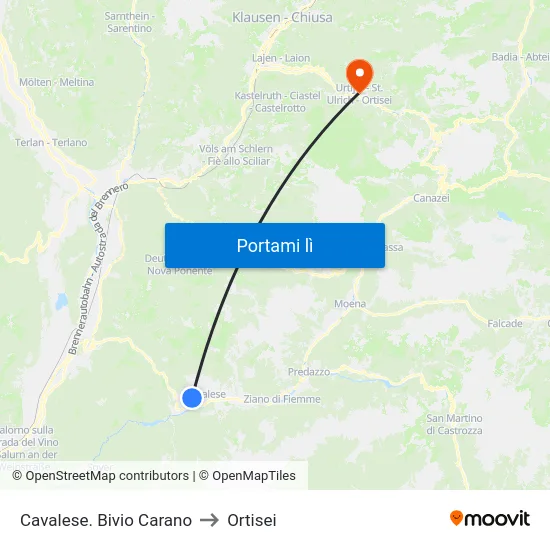 Cavalese. Bivio Carano to Ortisei map