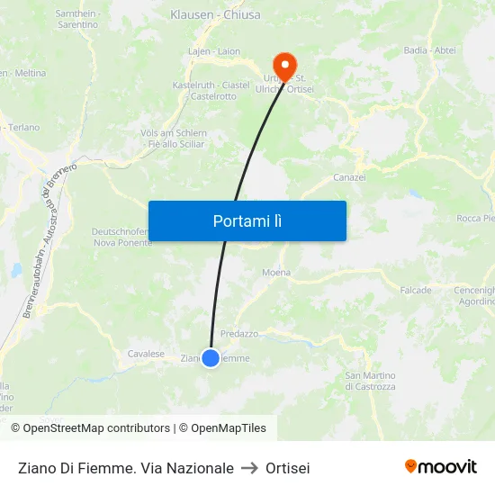 Ziano Di Fiemme. Via Nazionale to Ortisei map