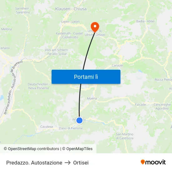 Predazzo. Autostazione to Ortisei map