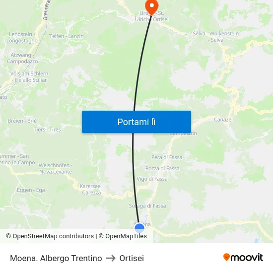 Moena. Albergo Trentino to Ortisei map