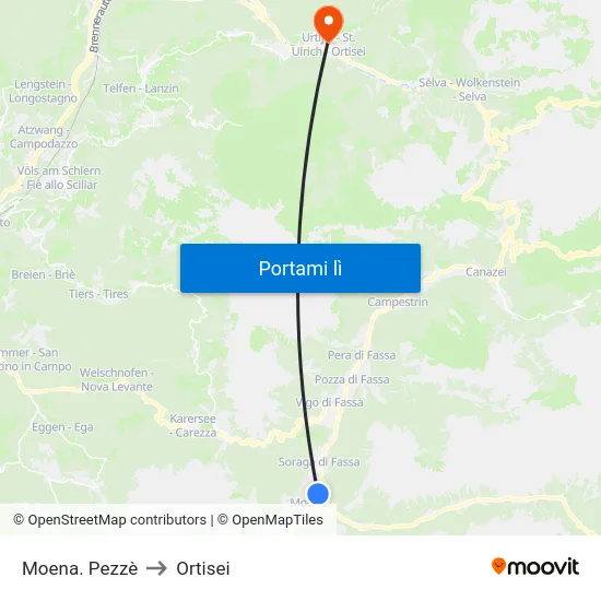 Moena. Pezzè to Ortisei map