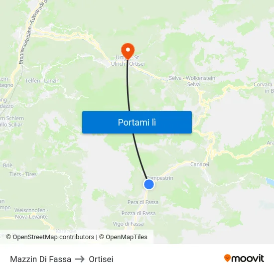 Mazzin Di Fassa to Ortisei map