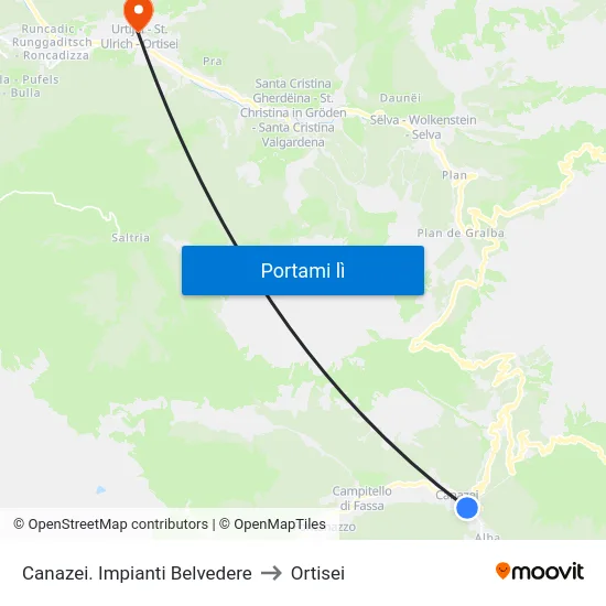 Canazei. Impianti Belvedere to Ortisei map