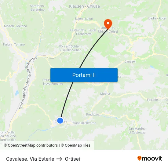 Cavalese. Via Esterle to Ortisei map