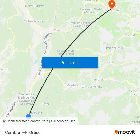Cembra to Ortisei map