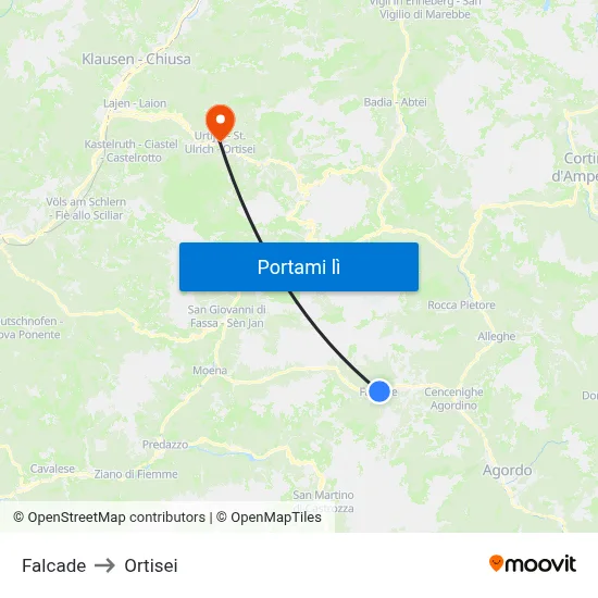 Falcade to Ortisei map