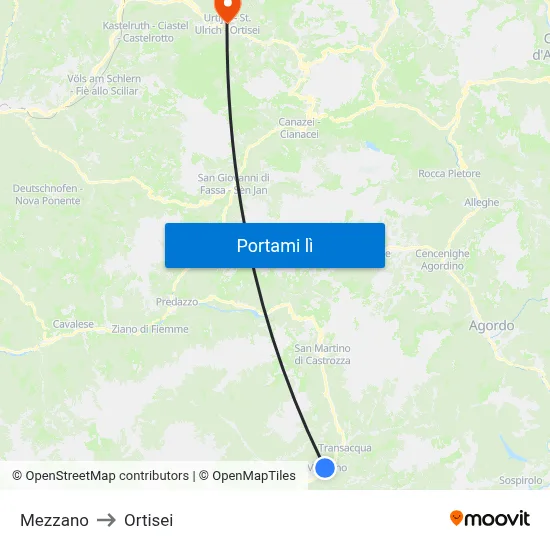 Mezzano to Ortisei map